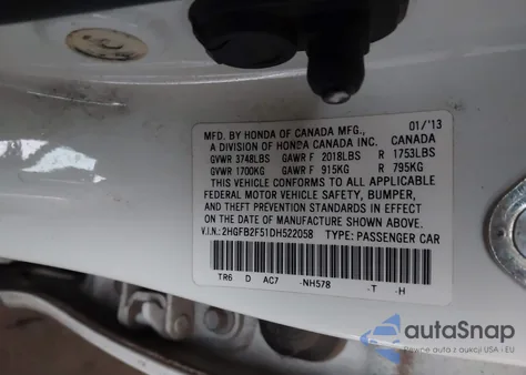 2013 Honda Civic Lx z USA, uszkodzony, nr VIN 2HGFB2F51DH522058